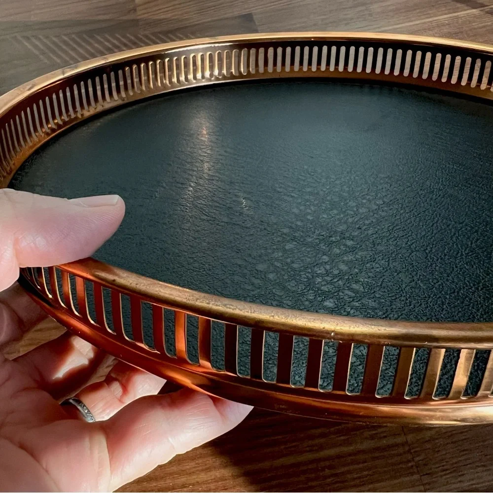 Vintage MCM Coppercraft Guild Drink Tray Wood Leather Copper Whiskey Bar Tray